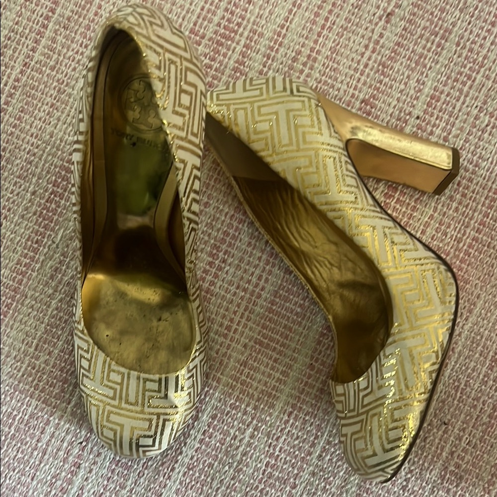 Tory Burch Gold Patterned Heels